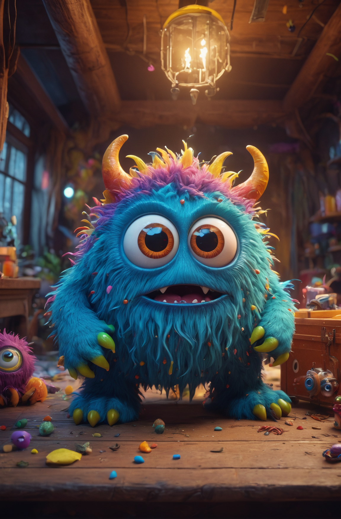 A cute monster, colorful, clutter, ultra detailed, mysterious, scary, perfect environment, cinematic lighting, product pho...